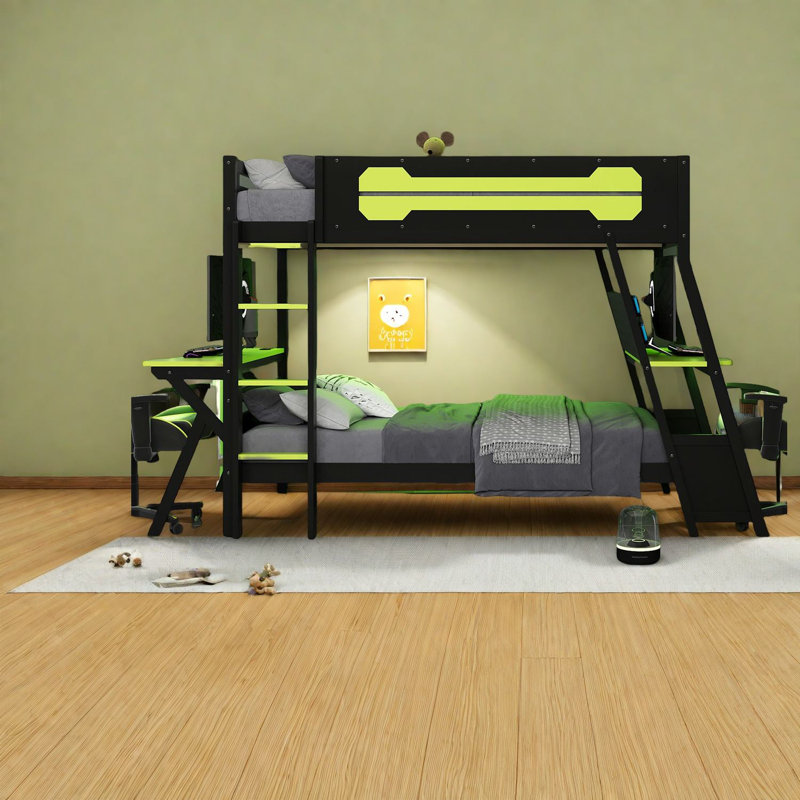 Lits superposés simples peu encombrants, structure en bois avec bureaux de jeu, idéal pour les joueurs