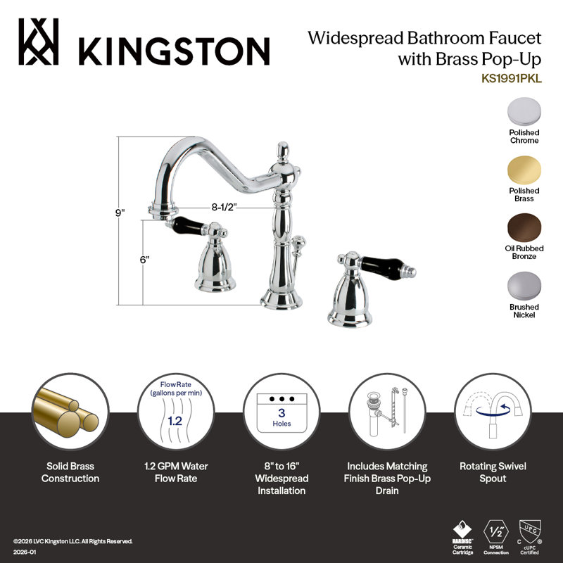 Kingston Brass Duchess Two-Handle 3-Hole Deck Mount Widespread Bathroom Faucet with Brass Pop-Up Drain, Brushed Nickel