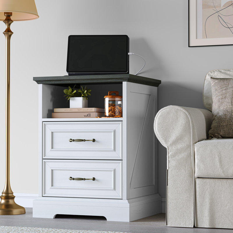 Table de chevet rétro avec 2 tiroirs, Blanc / gris foncé