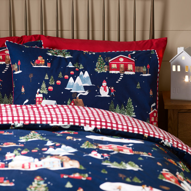 Christmas Ski Village Reversible Duvet Cover Set, Double Duvet Cover + 2 Standard Pillowcases