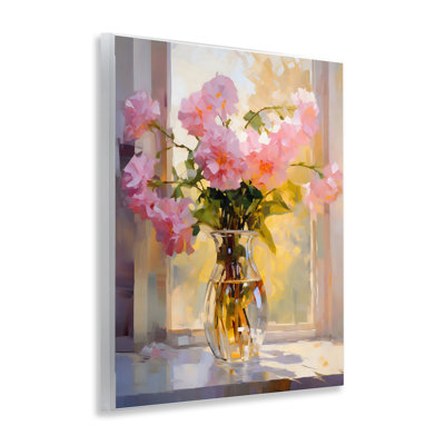 Fleurs roses dans une plaque murale dans un vase ensoleillé, design par Creative Studio