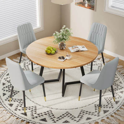 Ensemble de table de salle à manger moderne 5 pièces avec 4 chaises rembourrées, plateau de table effet bois industriel et base en métal robuste, ensemble de salle à manger compact pour petits espaces, appartement, coin-repas