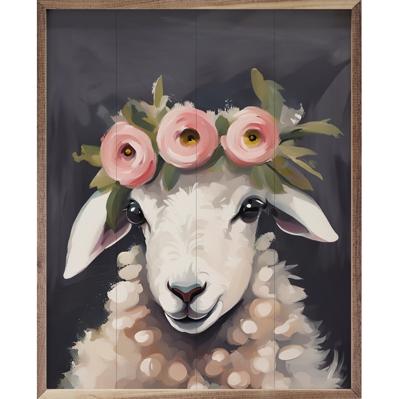 Mouton avec couronne de fleurs noire, H 20 po x l 16 po x P 1 po