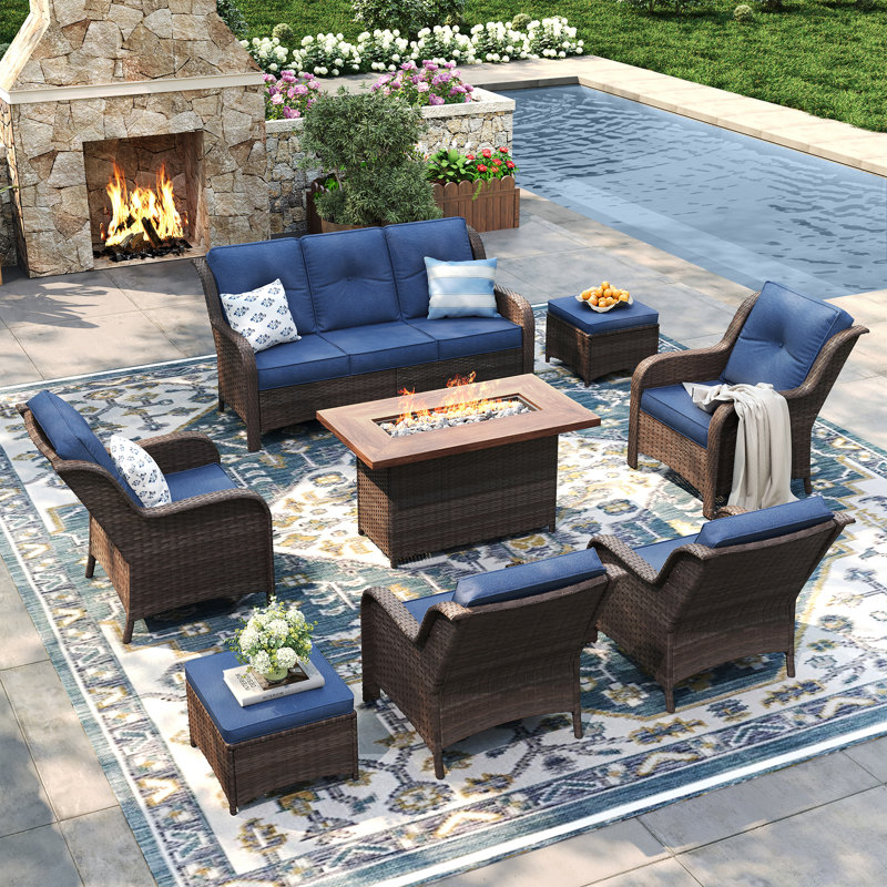 Ensemble de conversation d'extérieur en osier pour 7 personnes avec coussins, fauteuils et repose-pieds, Brun, Bleu ardoise