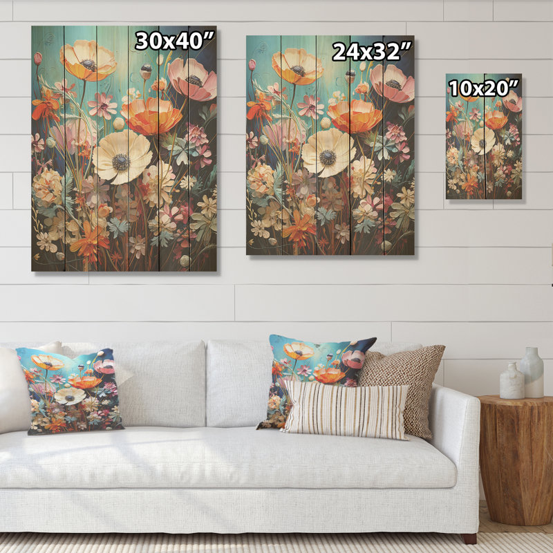 «Whimsical Meadows Flowers Collage», art mural en bois campagne sur bois de pin naturel, H 32 po x l 24 po