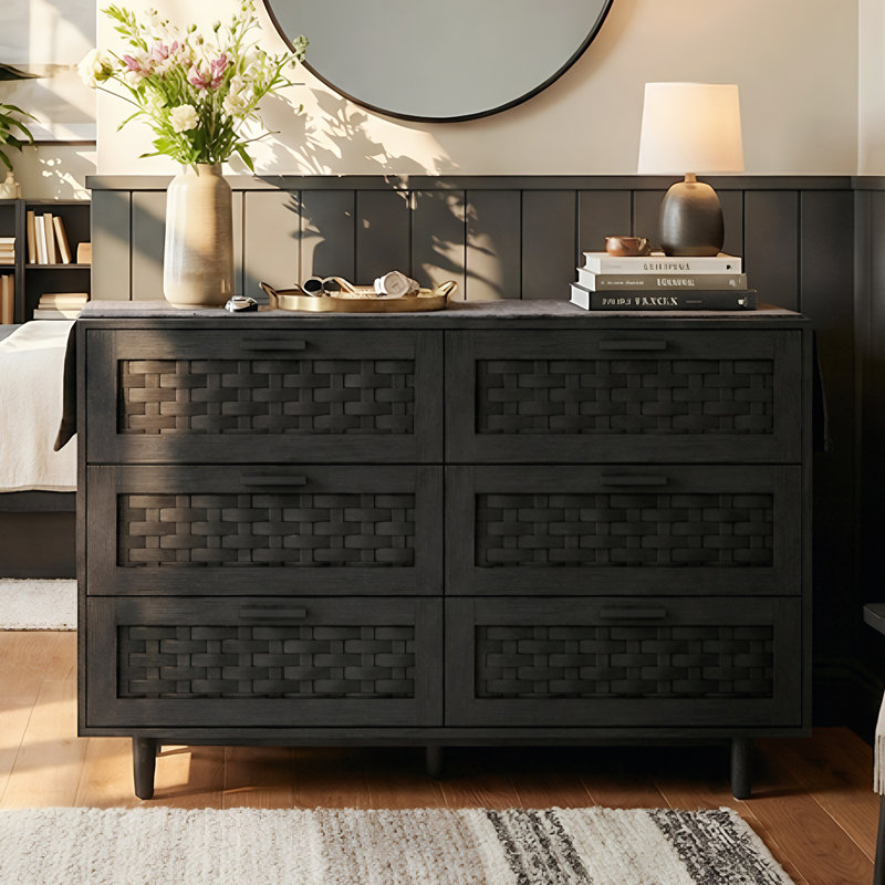 115cm 6-Drawer Chest with Faux Rattan Panel, Japandi Wide PVC Woven Dresser with Anti-Tip Device & Metal Handles,  Oak / Black
