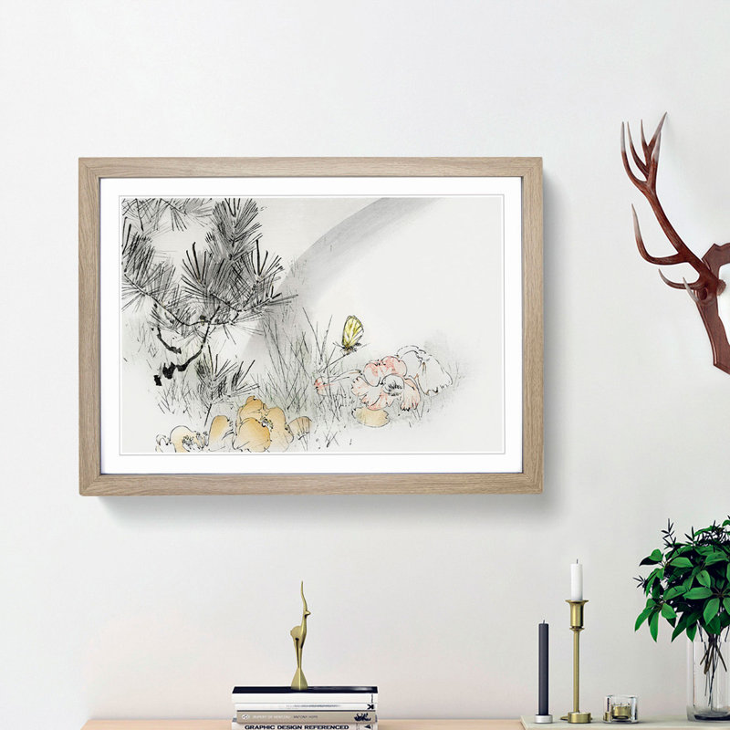 Butterfly & Pine Tree by Watanabe Seitei - Picture Frame Art Print, 62cm H x 87cm W x 2cm D, Oak Framed