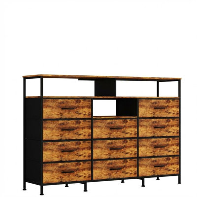 55 Inch Fabric Dresser with LED Light and Charging Station, 11-Drawer Brown Storage Chest with Steel Frame and Wood Top, 55.12x13.78x36.89 Inch