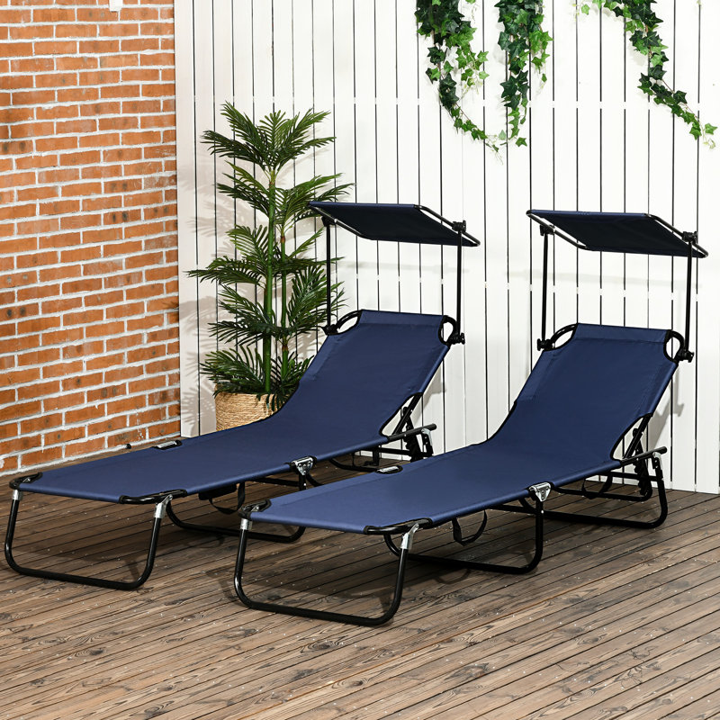 Dark Blue Folding Chairs For Sunbathing - With Canopy And Side Pocket Shade Lawn Reclining,