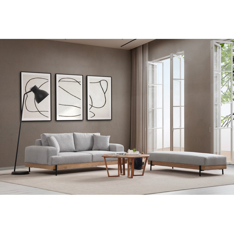 Pouf élégant avec structure en bois de hêtre et pieds en métal, tissu en polyester gris, 62 po x 27 po x 15 po | Mousse douce et coussin à ressorts pour le confort | Coussin de dossier portable, nettoyage à sec | Parfait pour le salon et la chambre à coucher