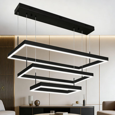 Lustre moderne à DEL avec télécommande à intensité variable, luminaire suspendu rectangulaire à hauteur réglable pour le plafond du salon et de la salle à manger