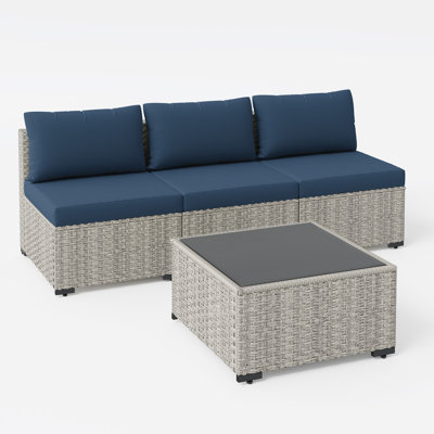 Ensemble de canapé d'extérieur en osier pour 3 personnes avec table basse et coussins