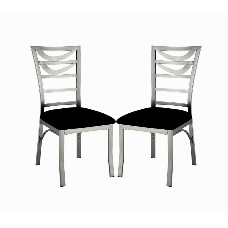 Chaise de salle à manger contemporaine en métal argenté 2 pièces avec siège en microfibre noir