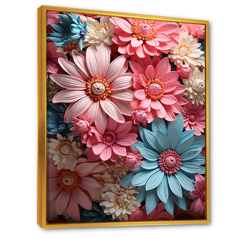 Harmonie de marguerites roses I - impression, Cadre flottant doré, H 44 po x l 34 po x P 1,5 po