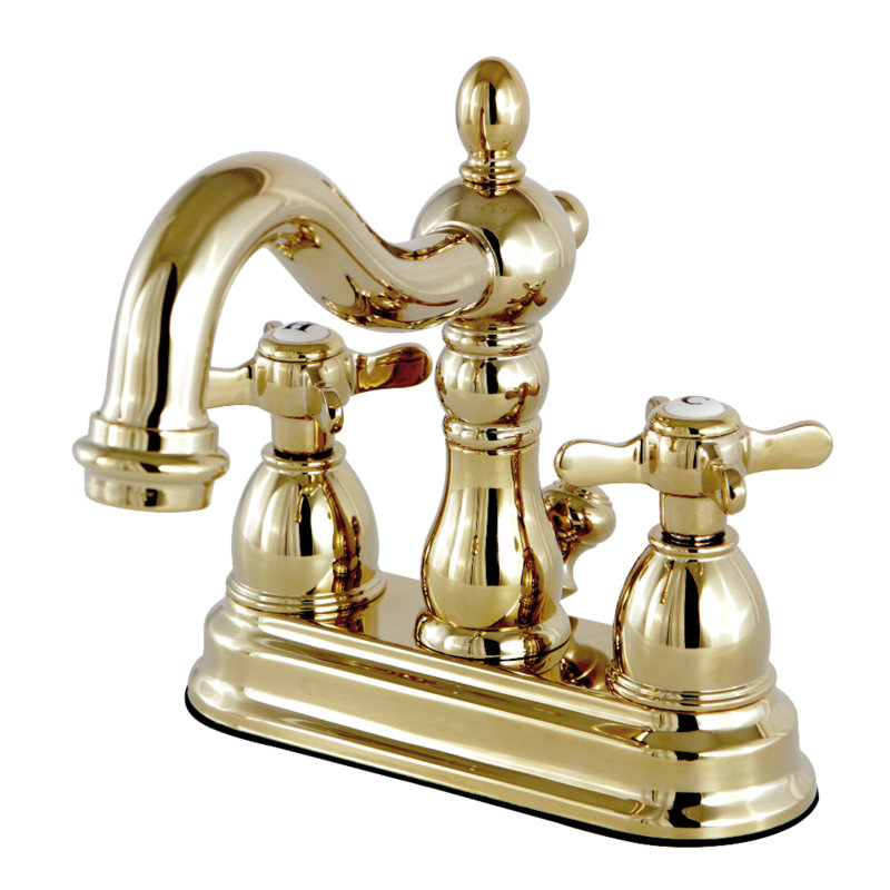 Kingston Brass Essex Two-Handle 3-Hole Deck Mount 4" Centerset Bathroom Faucet with Brass Pop-Up, Polished Brass