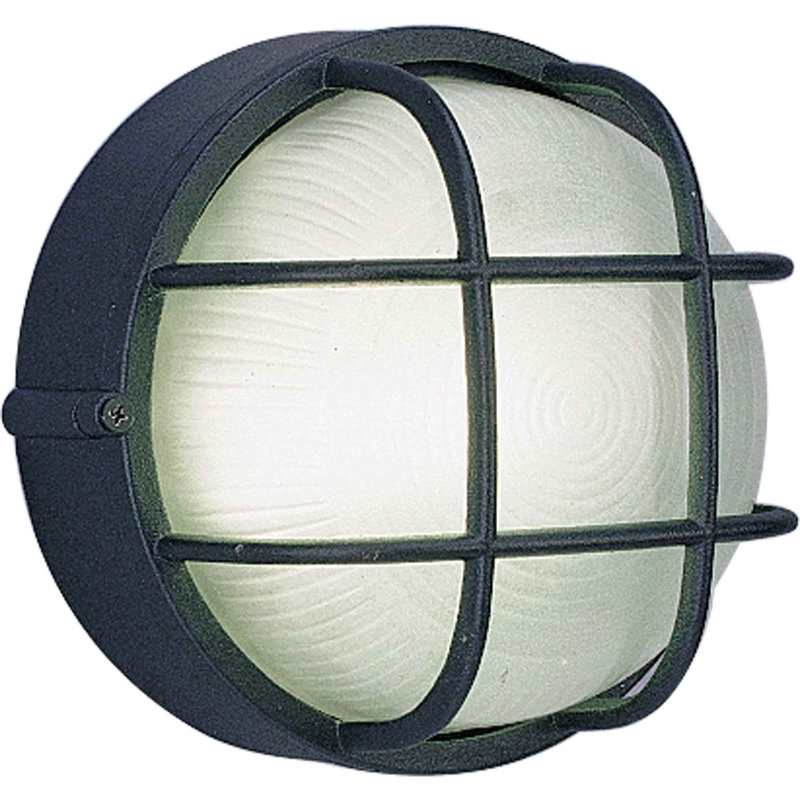 1-Light Outdoor Cast Aluminum Black Caged Bulkhead Light Wall Mount Wall Sconce with Frosted Ribbed Glass