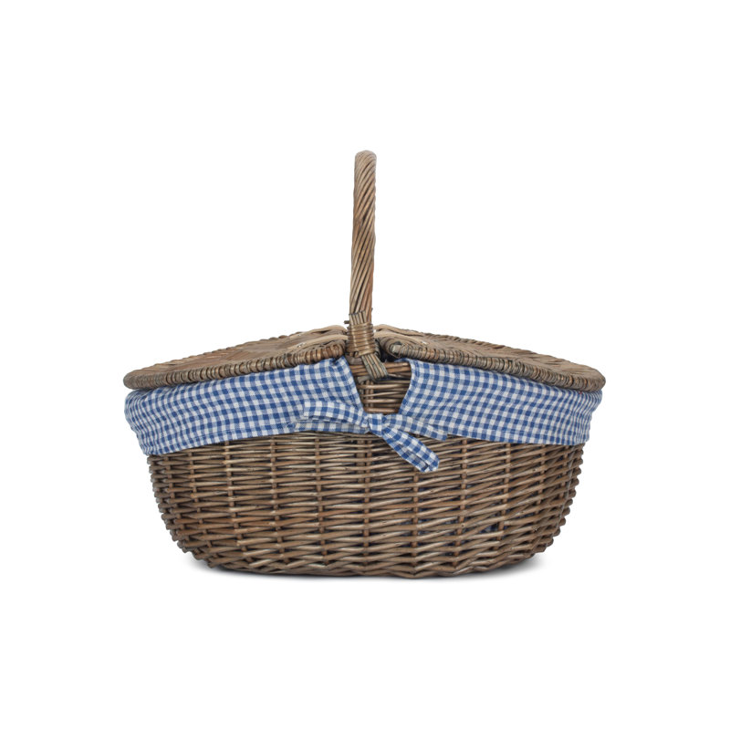 Wicker Picnic Hamper Basket with Lining, Antique Wash/Blue White Lining