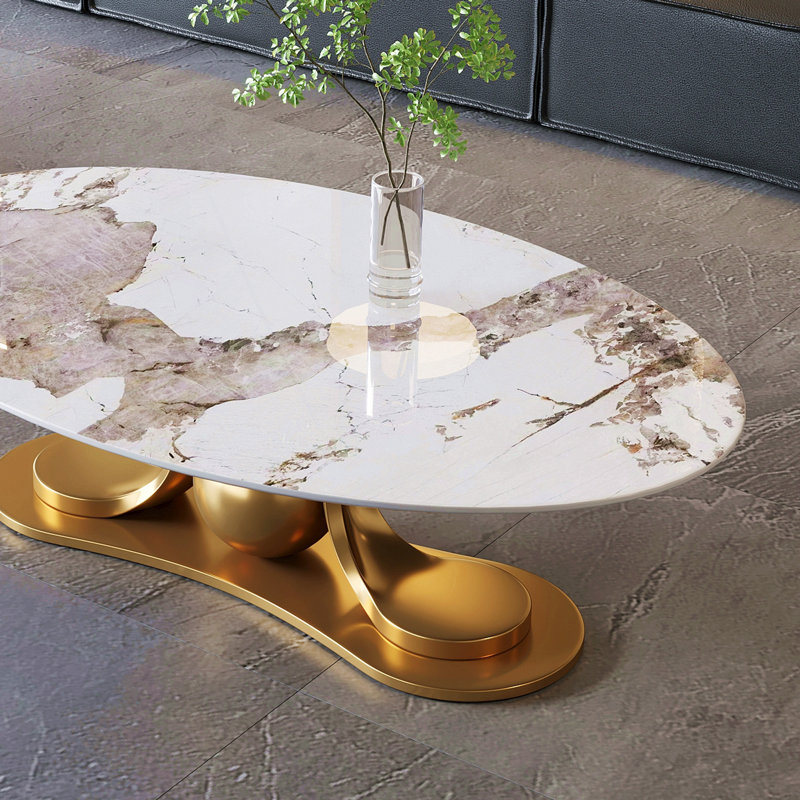 Table basse en métal doré avec piédestal en acier inoxydable et plateau en faux marbre