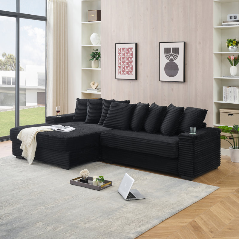 111.4‘Beige Flannelette Sofa, Black Corduroy