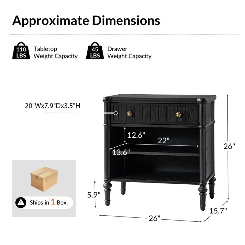 Hoai Transitional 26"W Fluted 1-Drawer Solid End Table with Built-In Charging Station, Black