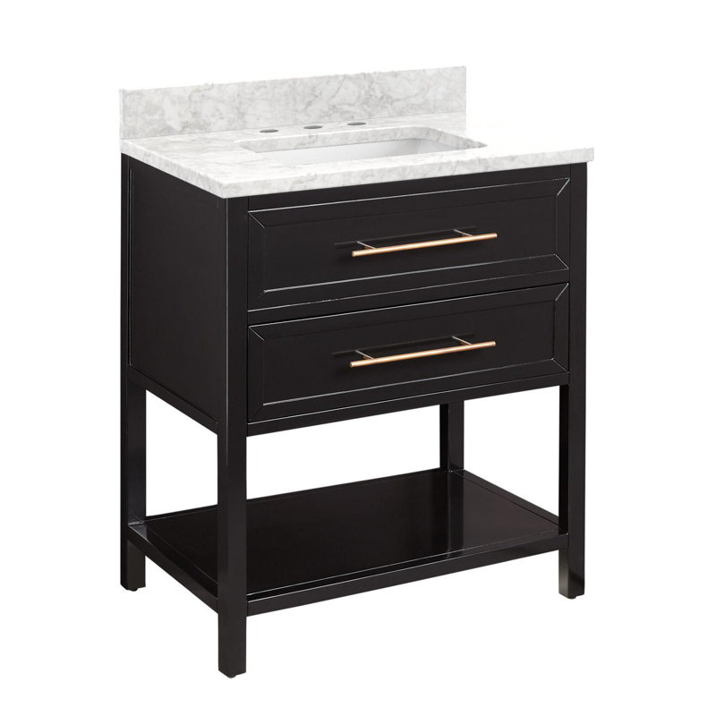 Ensemble de meuble-lavabo simple 30 po avec lavabo encastré rectangulaire Robertson, 8 po, Marbre de Carrare, Noir