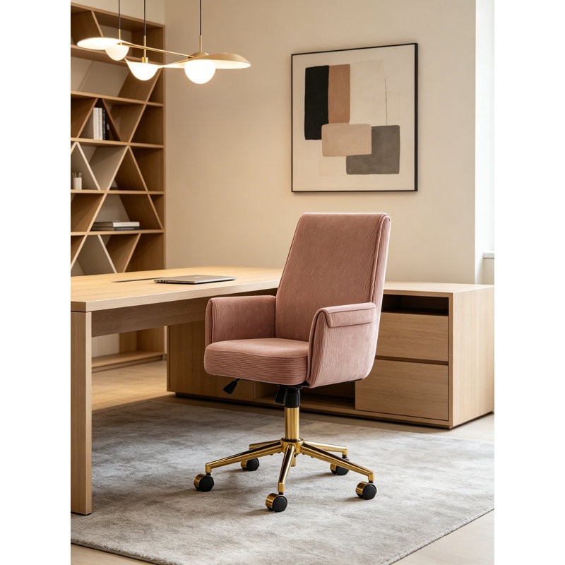 Fauteuil de bureau ergonomique pivotant à dossier moyen, fauteuil de bureau confortable en velours côtelé, Rose