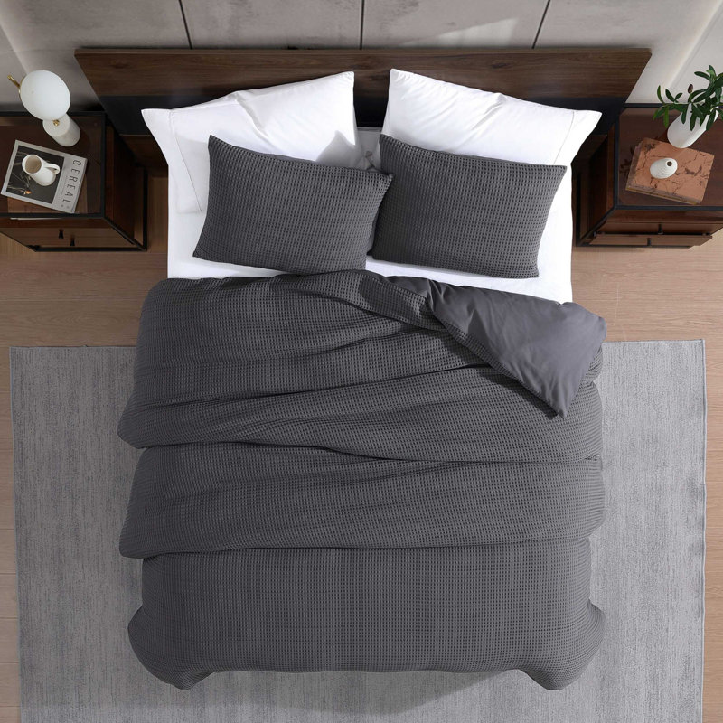 Ensemble de housse de couette gaufré Kenneth Cole, Housse de couette pour grand lit et 2 taies décor, Gris foncé