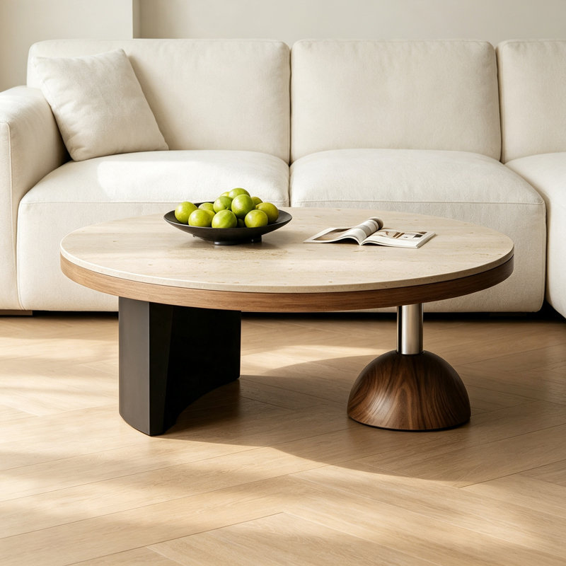 Table basse Minimalist, H 12,59 po x l 35,43 po x P 35,43 po, Brun clair, Marbre
