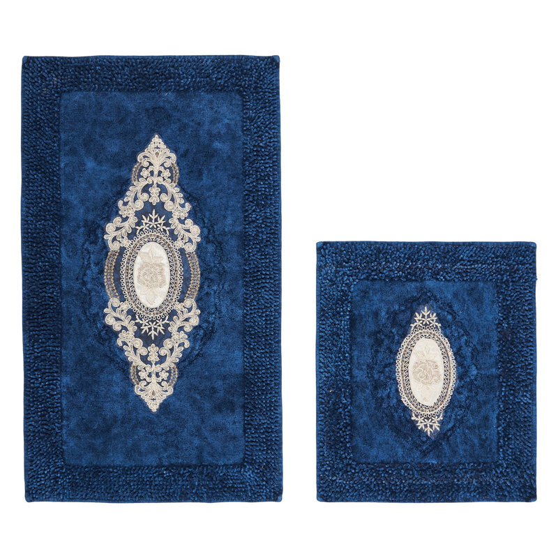 Ensemble de luxueux tapis de bain (2 pièces), bleu foncé, 19,7 po x 23,6 po et 23,6 po x 39,4 po | 100% polyester, hauteur des poils de 0,6 po | Dessous antidérapant, antibactérien, lavable à la machine | Parfait pour les salles de bain élégantes