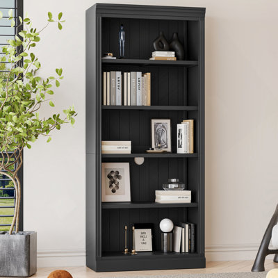 Bibliothèque de 83,4 po de hauteur avec bande lumineuse, 5 tablettes décoratives à 5 niveaux avec tablettes réglables, rangement pour CD / livres / films, tablettes de rangement autoportantes pour le salon, le bureau personnel, noir