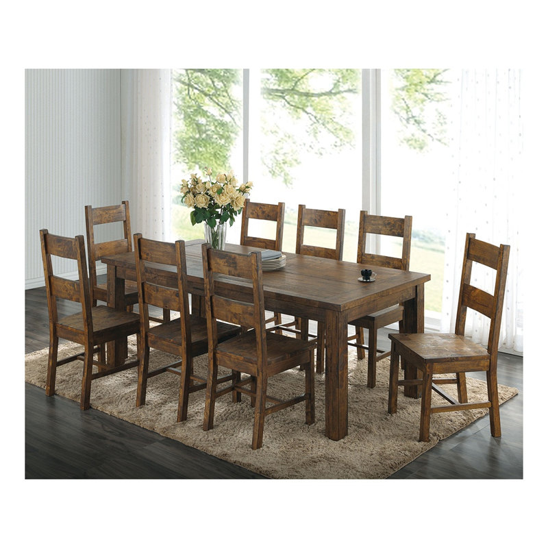 Table de salle à manger rectangulaire Guster rustique en bois d'hévéa massif brun doré, 8 couverts, style campagnard
