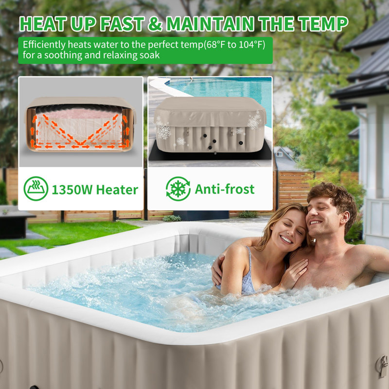 4-Person Square Inflatable Hot Tub, 120 Soothing Bubble Jets Portable Outdoor Spa with 1350W Fast Heater, Circulating Filtration System & All-Weather Insulated Cover, 158 Gallon, Beige