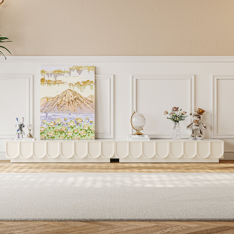 71'' Modern Floor Tv Console With 4 Drawers & Sintered Stone Countertop, Cream White Tv Stand With Artistic Scalloped Edge Design