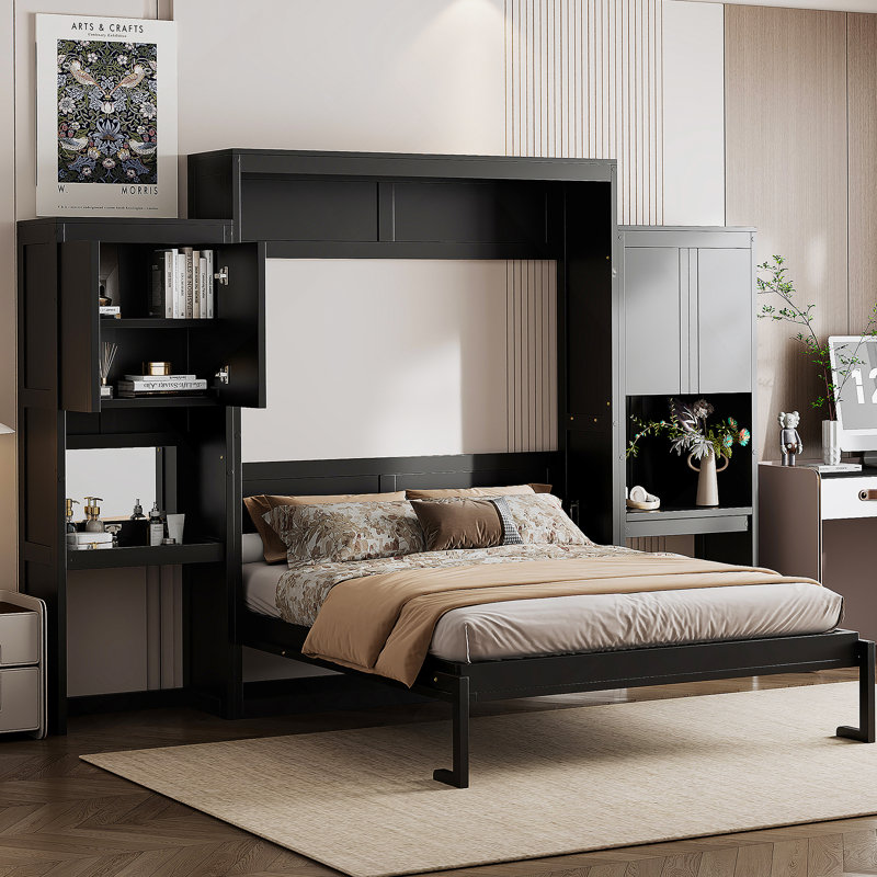 Grand lit escamotable avec bureau, coiffeuse et armoires, espresso