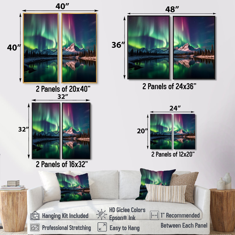 Yukon Dream Aurora V - Décoration murale traditionnelle 2 panneaux, H 36 po x l 48 po, Noir