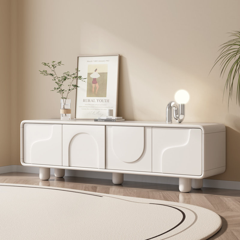 Modern Cream White TV Stand for Living Room, Entertainment Center with 4 Doors