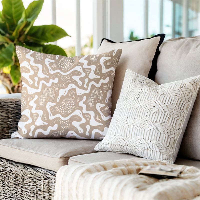 Barnon Abstract Outdoor Reversible Throw Pillow, Beige, 16"H x 16"W
