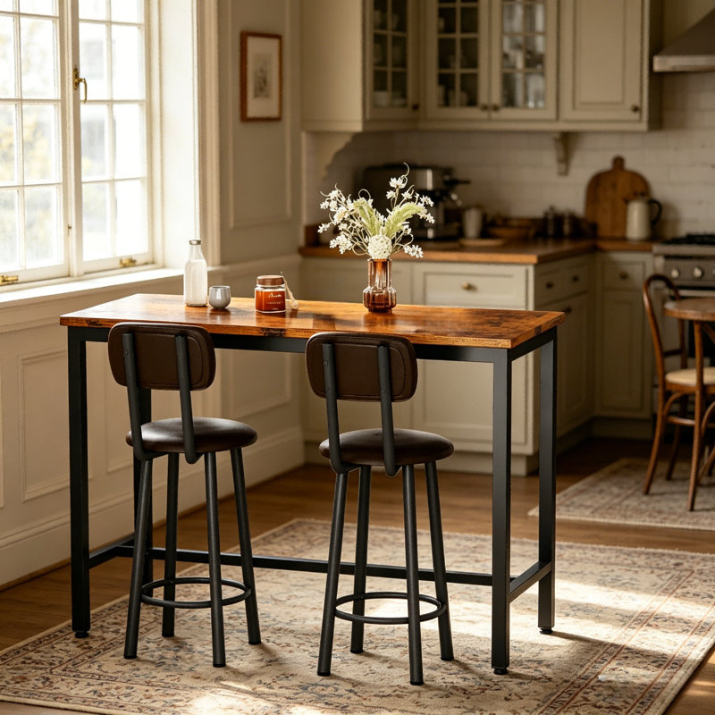 Industrial High Top Dining Set, Compact 3-Piece Pub Table With 2 Comfortable Stools, 2 Size & 4 Color Options For Studio & Cafe