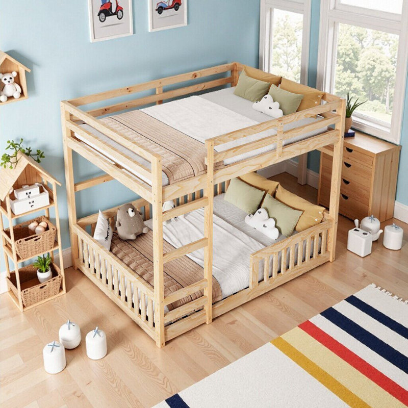 Lit superposé double en bois massif avec échelle et garde-corps blancs | Solution pour chambre d'enfant peu encombrante