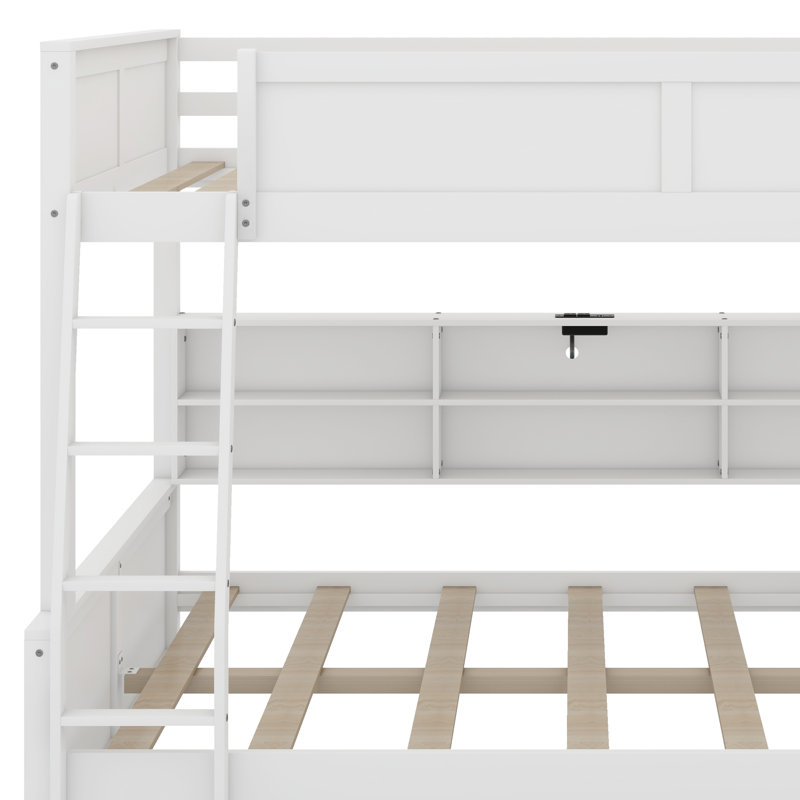 Lit double superposé au-dessus de grand lit double avec armoires de rangement et ports USB, Blanc antique