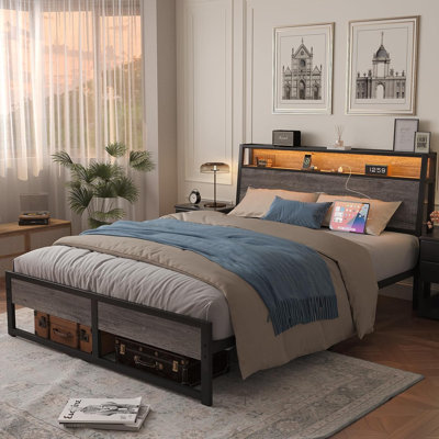 Ergonomic Headboard and Charging Station, Platform Metal Bed Frame with LED Lights, Heavy Duty Slats Support