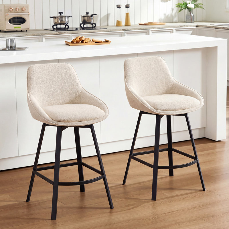 Absalom 65cm H Swivel Upholstered Linen Counter Stool, Beige