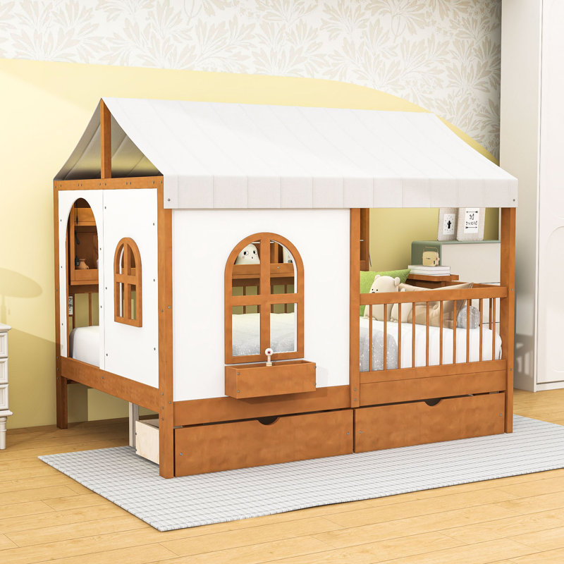 Lit double en bois avec tiroir à DEL, ports USB et tablettes, Noyer