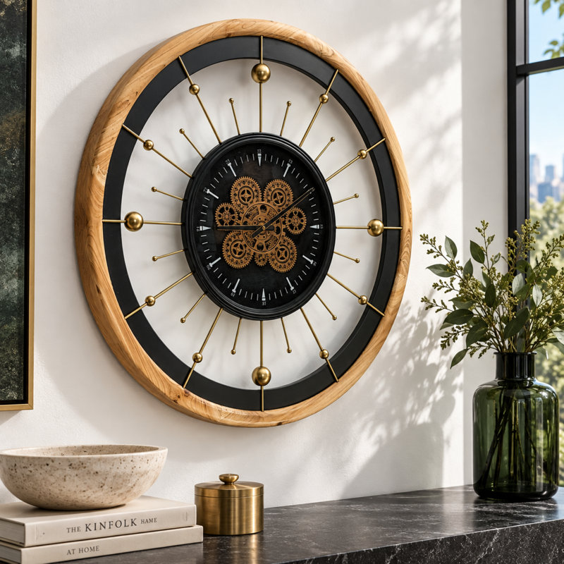 THE GEARS CLOCK Wall Clock with Real Moving Gears SP-LI_ 32 in Round BLACK-WOOD