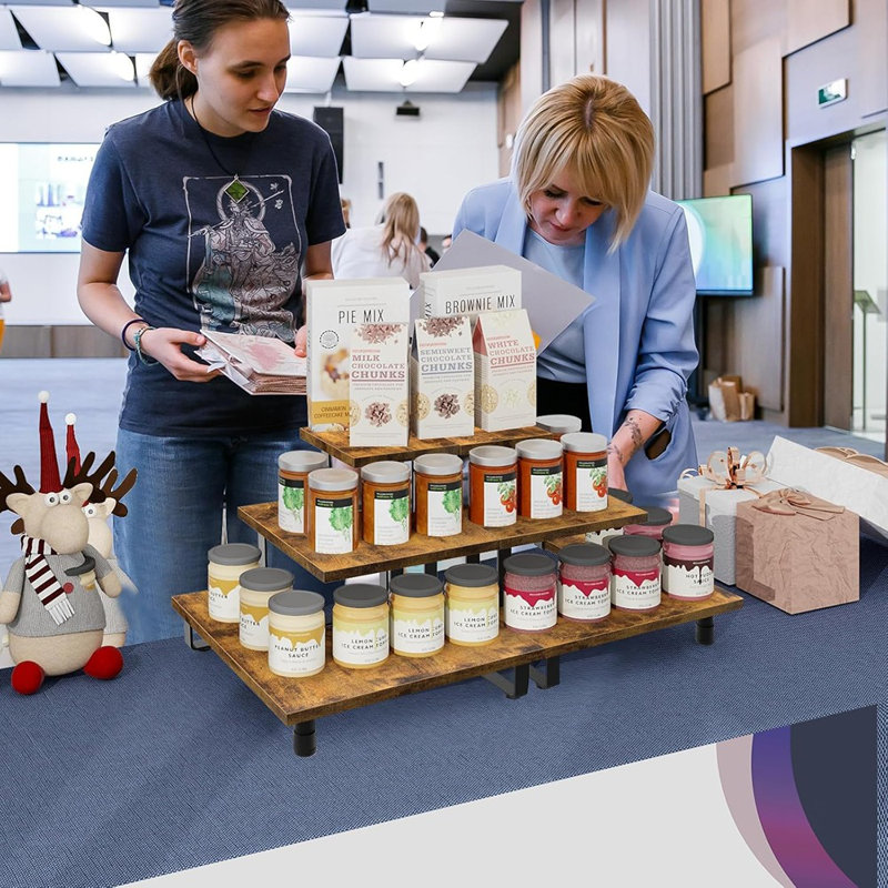 3 Tier Wooden Retail Display Shelves, Portable Display Rack For Retail Counter Top Craft Shows Tradeshows, 3 Step Corner Tiered Table Display Tower Stand For Cupcake Jewellery Display