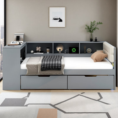 Upholstered Twin Daybed With Storage Shelves And 2 Drawers, Corner Bed Frame With Charging Station
