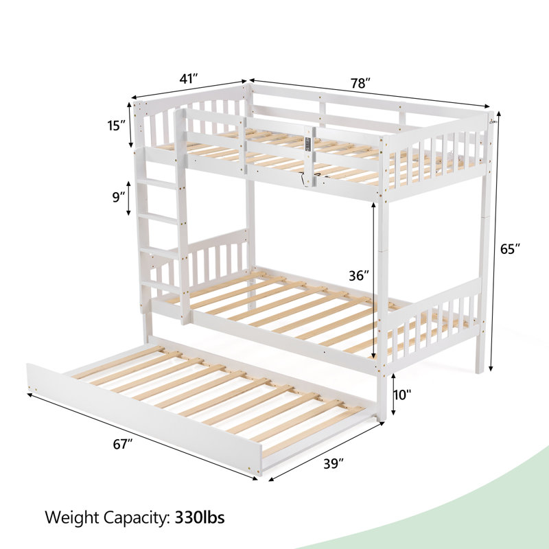 Twin Over Twin Wood Bunk Bed With RGB LED Light,USB Port Charging Station And Guardrail ,Trundle Bed,Reversible Ladder, White