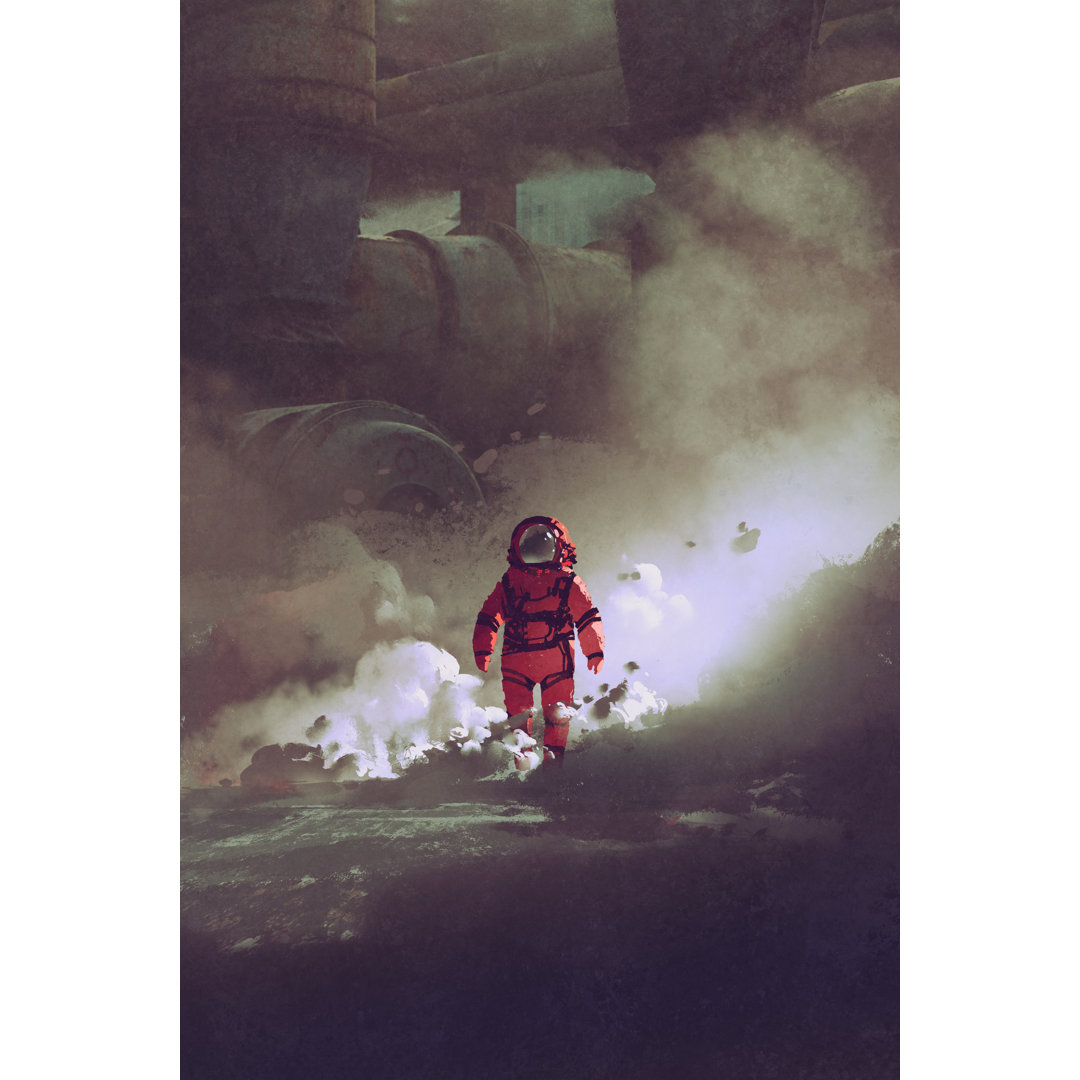 Astronaut Walking Through Smoke On Sci-Fi Planet by Grandfailure - Wrapped Canvas Print