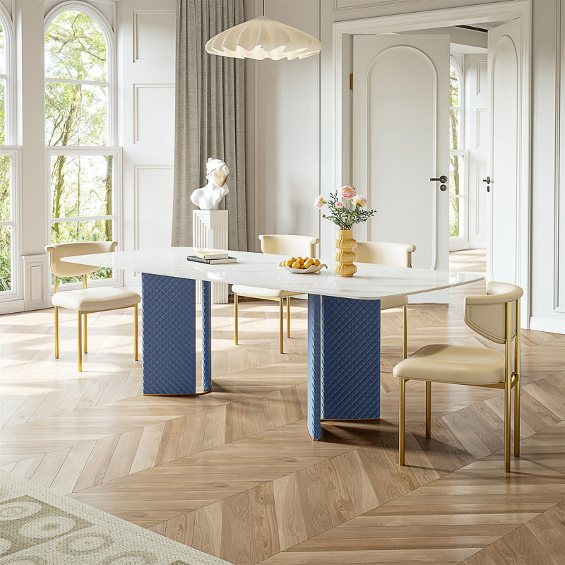 Table de salle à manger en acier inoxydable avec plaque de roche et cuir tissé - supporte jusqu'à 94,5 kg (excluant les chaises)