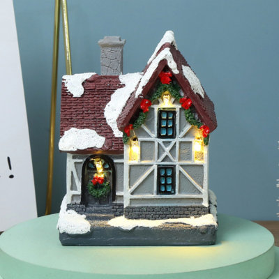 LED Lighted Christmas Village House, Log Cabin Tabletop Display, Snowy Christmas Village Building, Christmas House Decor Garden Landscape for Bedroom,Grey,red